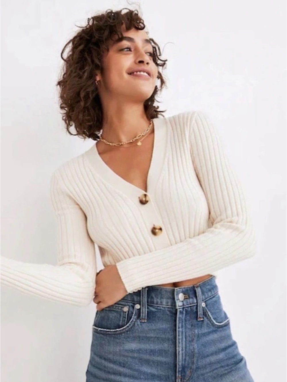 Madewell Brenville Crop Ribbed V-Neck Cardigan Sweater Cream Size Medium